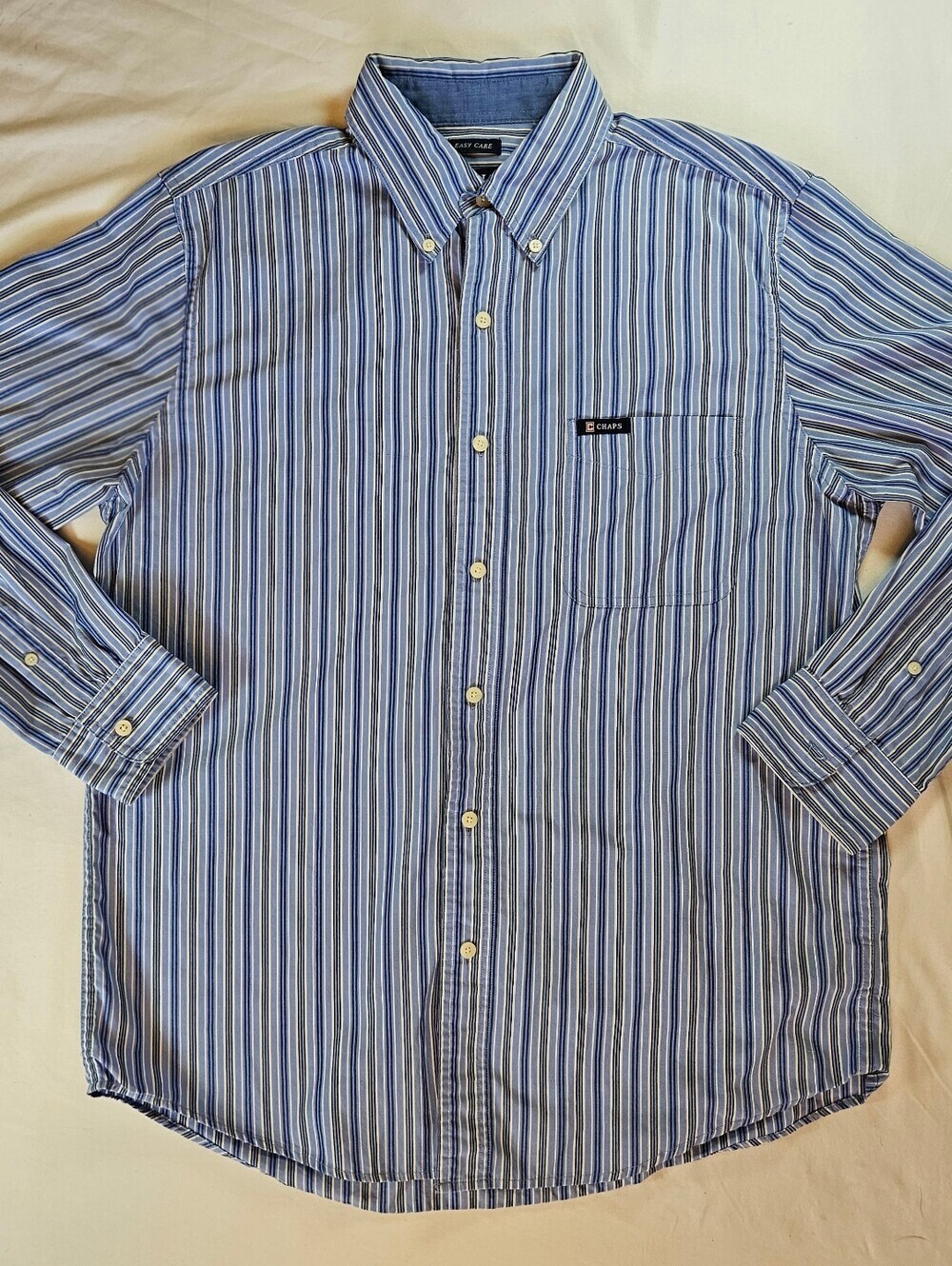 Chaps Mens Blue Striped Easy Care Long Sleeve Button Up Collar Shirt Size Medium